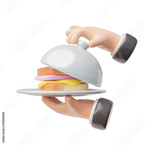 Waiter tray platter with sandwich and opening lid holding by hand 3D vector, restaurant or Cafe dish delivery service