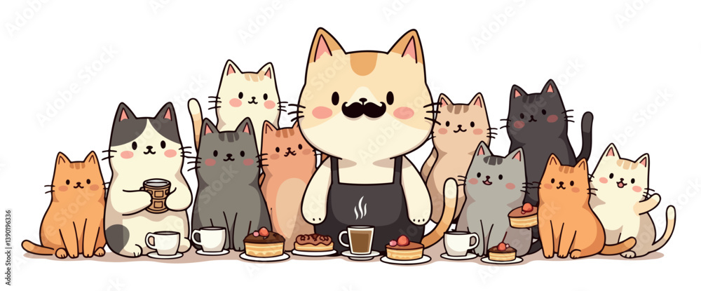barista cat and friends enjoying coffee and pastries