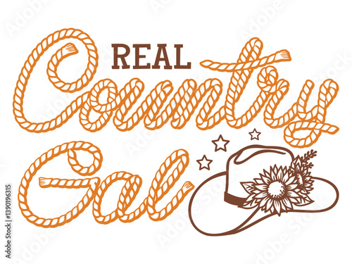 Country Girl vector illustration. Vector Country Gal rope text with cowboy hat floral decor printable for tshirt , mags, posters.