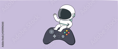 cheerful astronaut waves while sitting on a game controller