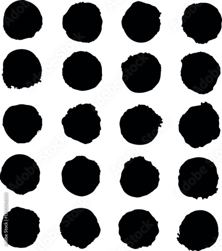 twenty-four irregular black circles on white background