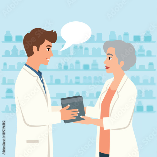 two pharmacists exchange a medication container in a pharmacy