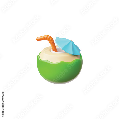 3d vector illustration of green coconut summer cocktail with straw and umbrella.
