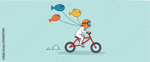 person with fishbowl helmet riding bicycle with fish balloons