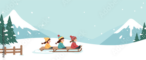 three children enjoying a sled ride on a snowy mountain landscape