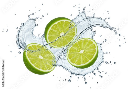 Vibrant lime slices with water splash in wave formation isolated on white background