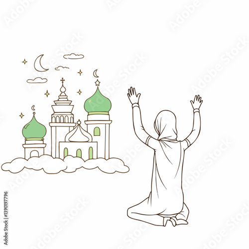 person kneeling in prayer at night facing a mosque