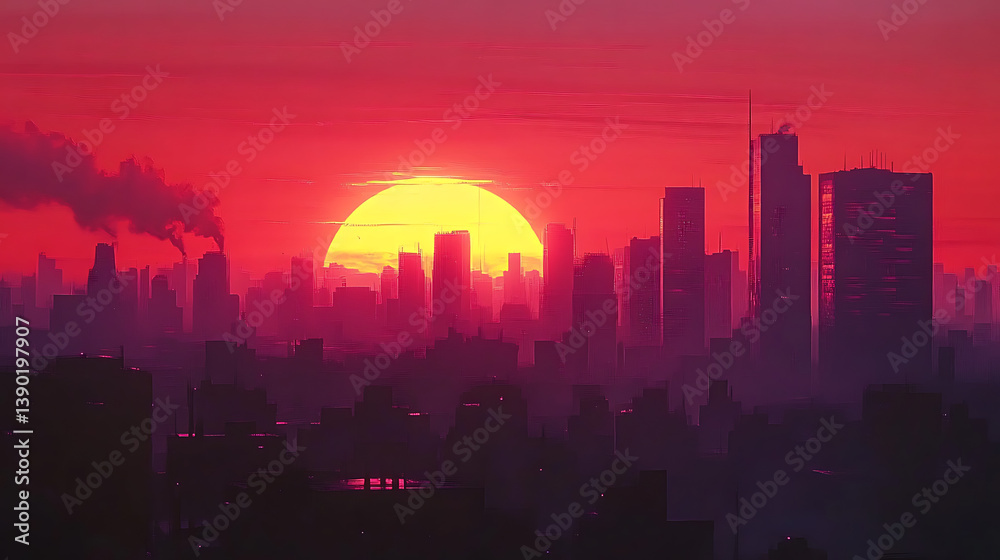 Fototapeta premium Sunset over futuristic city skyline.