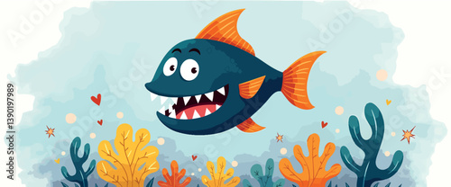 cheerful cartoon fish with bright fins in a watercolor scene