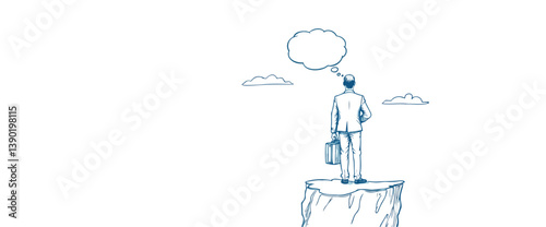 pensive businessman contemplates his future atop a cliff