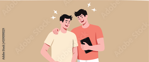 two smiling men display camaraderie and happiness while using a tablet