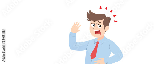 startled businessman in a light blue shirt raises his hand in alarm