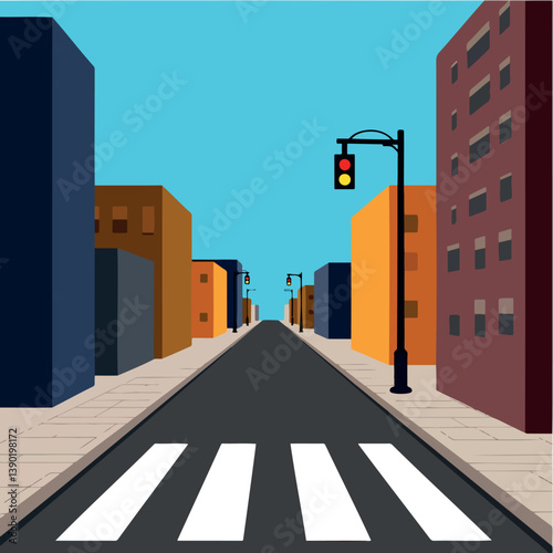 city street with a pedestrian crossing and various buildings under a clear sky