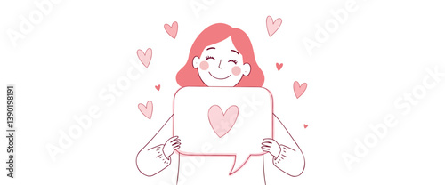 cheerful woman holding heart-adorned speech bubble