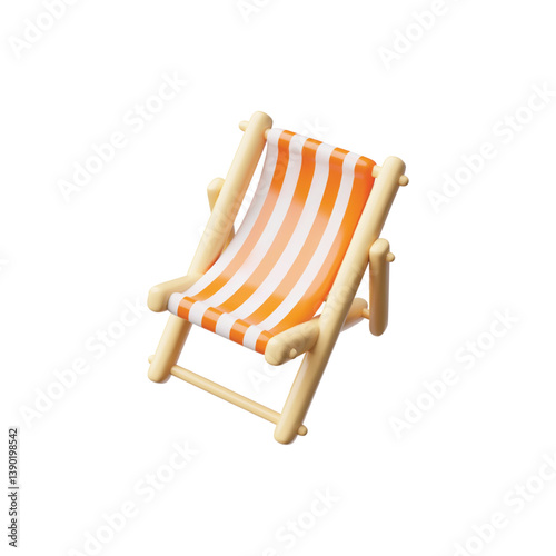 Wooden deck chair with striped fabric 3D vector icon, cartoon beach chaise longue for summer relaxing and sunbathing