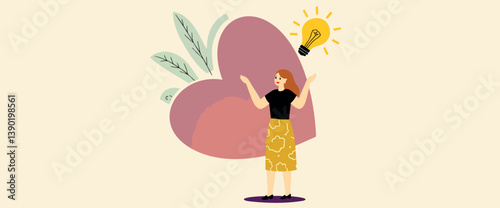 woman with arms outstretched looking at a lightbulb symbolizing inspiration