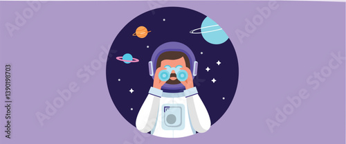 astronaut peers through binoculars at planets and stars in a vibrant space .