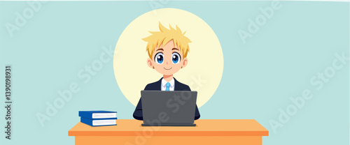 cheerful young man sits at his desk working on a laptop
