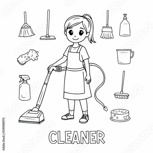 young girl in an apron operates a vacuum cleaner