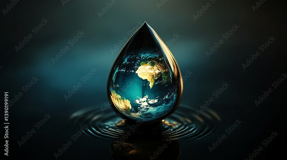 Fototapeta premium Abstract water droplet with world reflected inside.