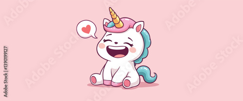 cheerful cartoon unicorn sitting and expressing happiness