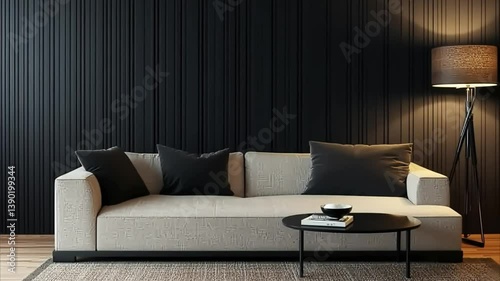 Modern Dark Living Room Interior with Minimalist Black Wall