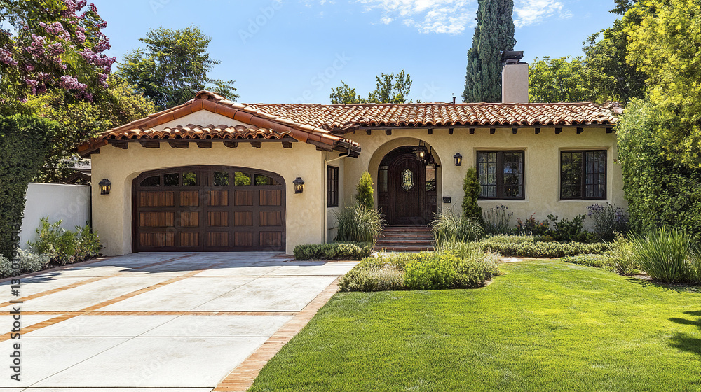 Mediterranean style home with stucco walls and tiled roof, surrounded by lush greenery Mediterranean style home with stucco walls and tiled roof, surrounded by lush greenery