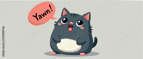 charming round cartoon cat with large eyes and pink paws displays a playful yawn.