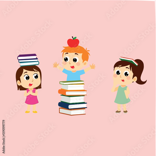 three children playfully balancing books and an on their heads