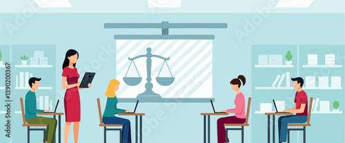 female teacher guiding students in a law classroom using laptops and tablets