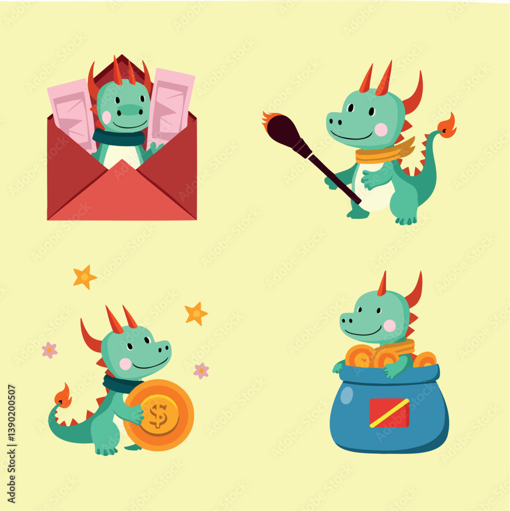 Fototapeta premium four cheerful cartoon dragons in various playful poses
