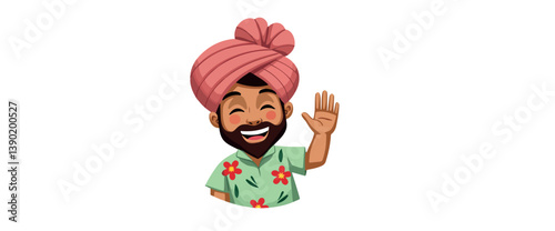 cheerful man in a pink turban and floral shirt gives a friendly wave.