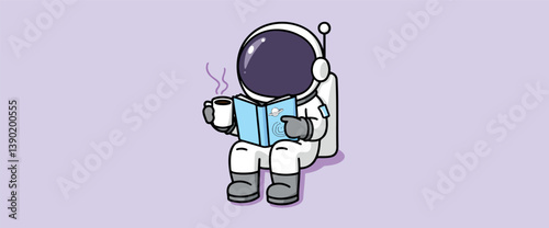 astronaut in a white spacesuit sits peacefully reading a book while enjoying a cup of coffee