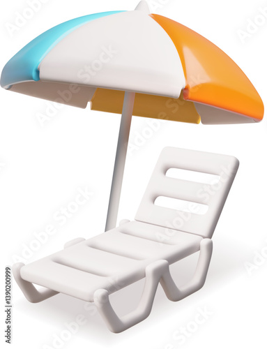 Beach lounger, sunbed with umbrella 3D vector illustration, cartoon seaside or pool summer holiday rest furniture