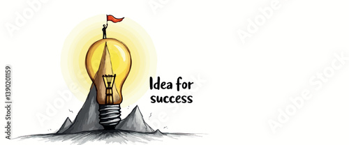 small figure plants a flag on a giant lightbulb perched atop a mountain symbolizing a brilliant idea that leads to success.
