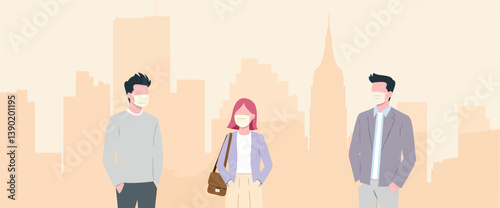three individuals wearing face masks maintain social distance in an urban environment