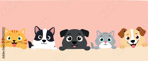 five cute cartoon pets peeking over a surface