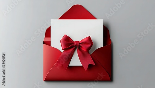 Blank white gift card with a red ribbon bow or gift voucher inside an open red envelope, isolated on a white or grey background , -