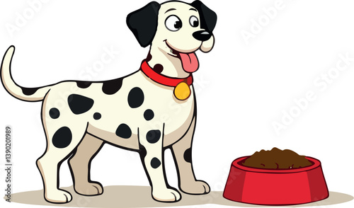 happy dalmatian dog standing by its food bowl