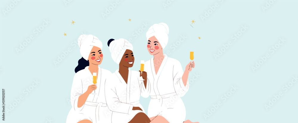 three smiling women in white bathrobes enjoy champagne together three smiling women in white bathrobes enjoy champagne together