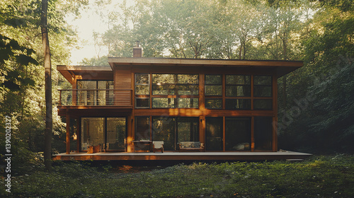 Minimalist wooden eco home with large windows surrounded by forest