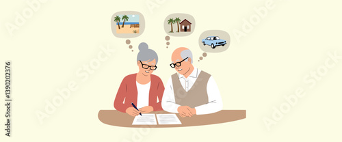 happy senior couple reviewing retirement plan documents dreaming about travel and a new home