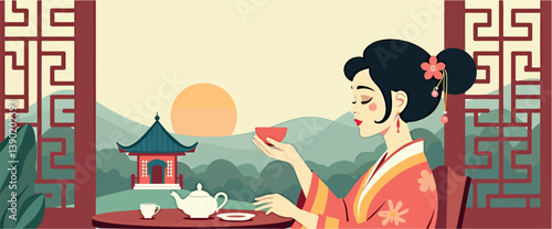 woman in traditional asian dress enjoying tea at sunset