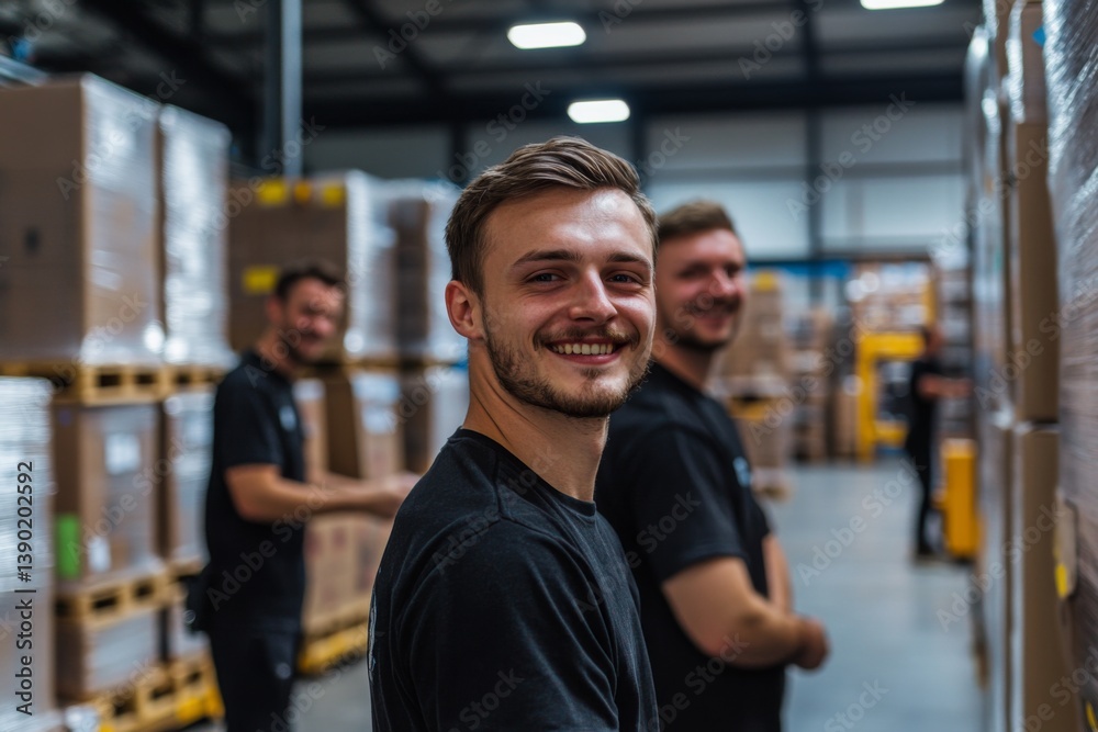 Smiling portrait of male warehouse workers and managers working in a warehouse Smiling portrait of male warehouse workers and managers working in a warehouse