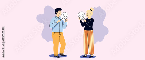 man and woman hold smiling masks showcasing positive emotion and communication