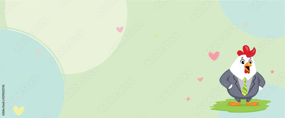 Fototapeta premium cheerful cartoon rooster in a suit stands on grass against a pastel background