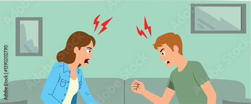 angry young couple arguing intensely on a sofa