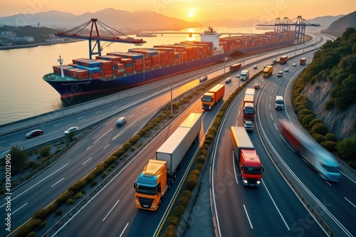 Trade and globalization boost economic growth concept. Busy port scene at sunset with cargo ships and trucks on the highway.