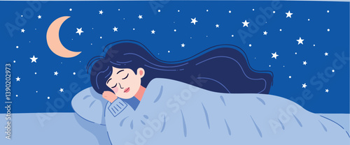 serene young woman peacefully sleeping under a soft blanket at night