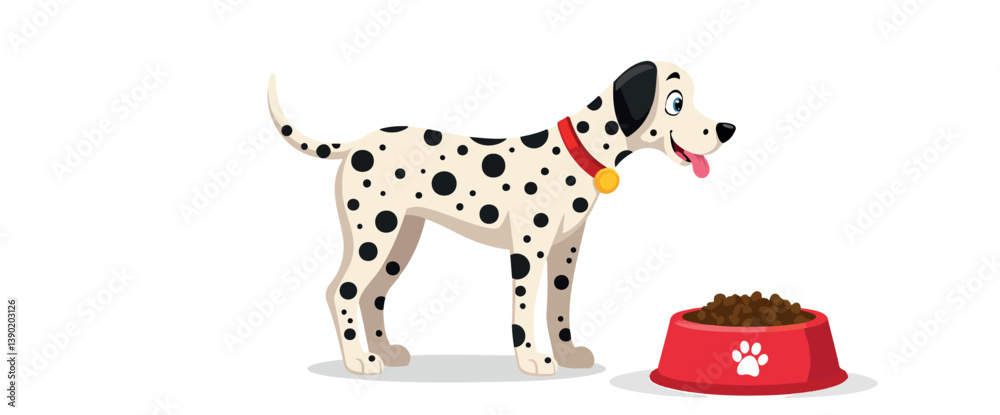 happy dalmatian dog by its food bowl